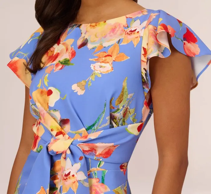 Midi Dresses Womens Adrianna Papell Flutter Sleeve Floral Print Dress With Tie Front In Peri Multi