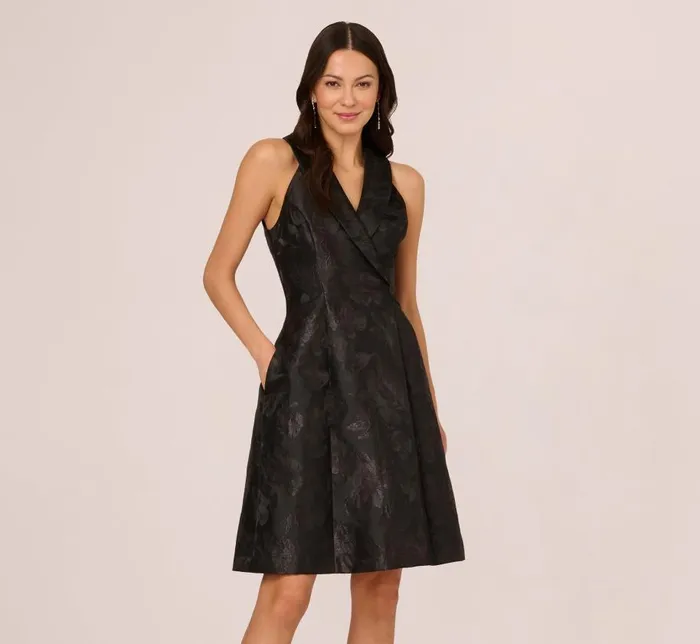 Midi Dresses Womens Adrianna Papell Jacquard Tuxedo Midi Dress With Surplice Neckline In Black