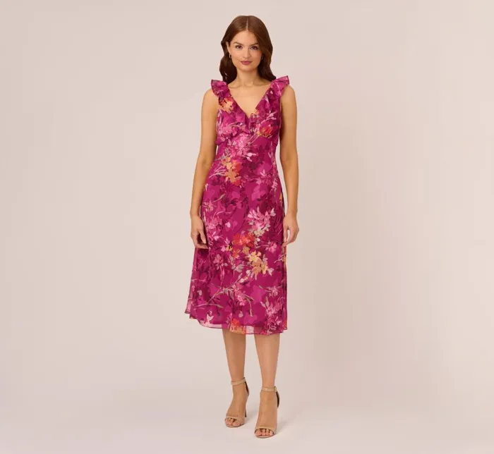 Midi Dresses Womens Adrianna Papell Metallic Floral Chiffon Midi Dress With Ruffled Neckline In Raspberry Multi Midi Dresses Womens Adrianna Papell Metallic Floral Chiffon Midi Dress With Ruffled Neckline In Raspberry Multi