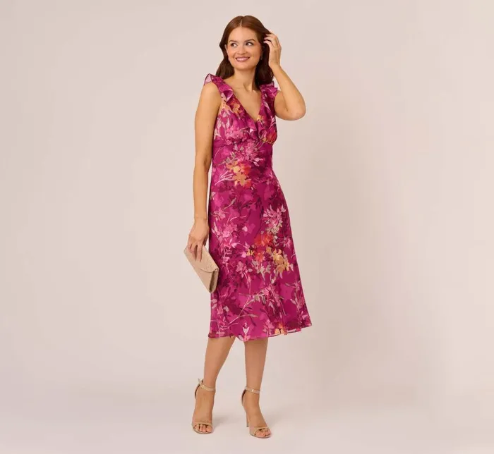 Midi Dresses Womens Adrianna Papell Metallic Floral Chiffon Midi Dress With Ruffled Neckline In Raspberry Multi