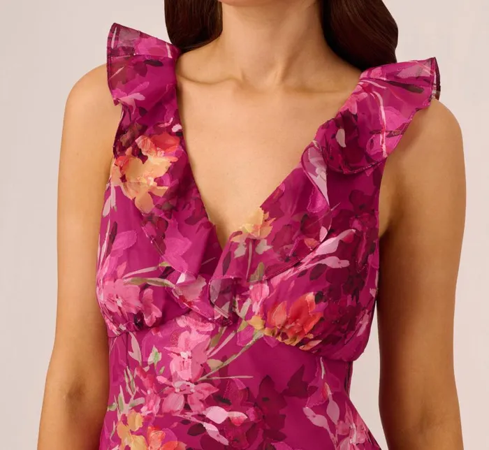 Midi Dresses Womens Adrianna Papell Metallic Floral Chiffon Midi Dress With Ruffled Neckline In Raspberry Multi