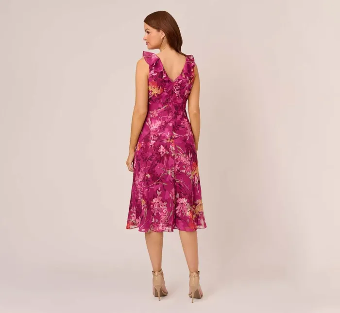 Midi Dresses Womens Adrianna Papell Metallic Floral Chiffon Midi Dress With Ruffled Neckline In Raspberry Multi