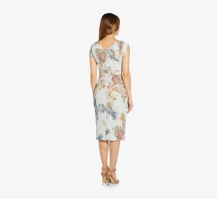 Midi Dresses Womens Adrianna Papell Metallic Floral Matelasse MidiLength Sheath Cocktail Dress In Sky Blue Multi