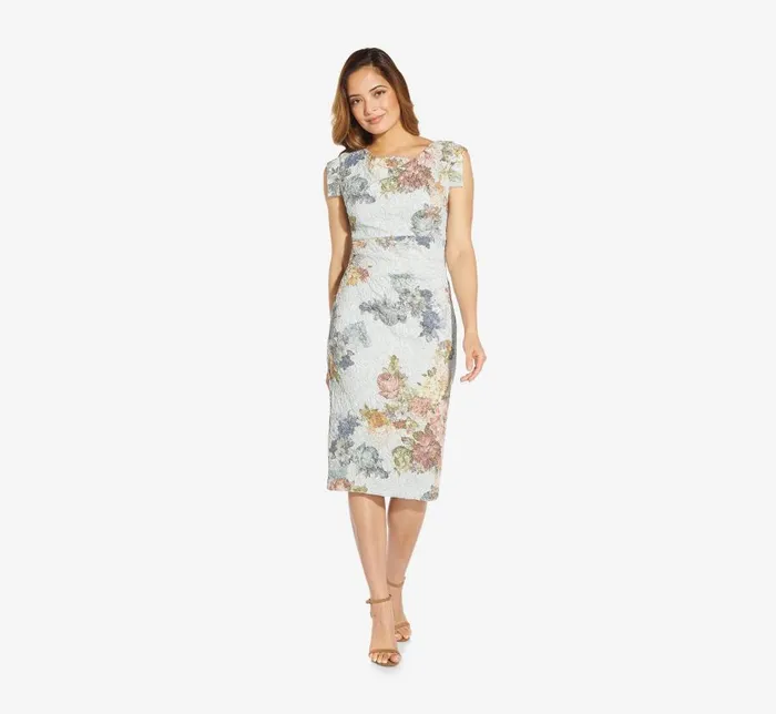 Midi Dresses Womens Adrianna Papell Metallic Floral Matelasse MidiLength Sheath Cocktail Dress In Sky Blue Multi