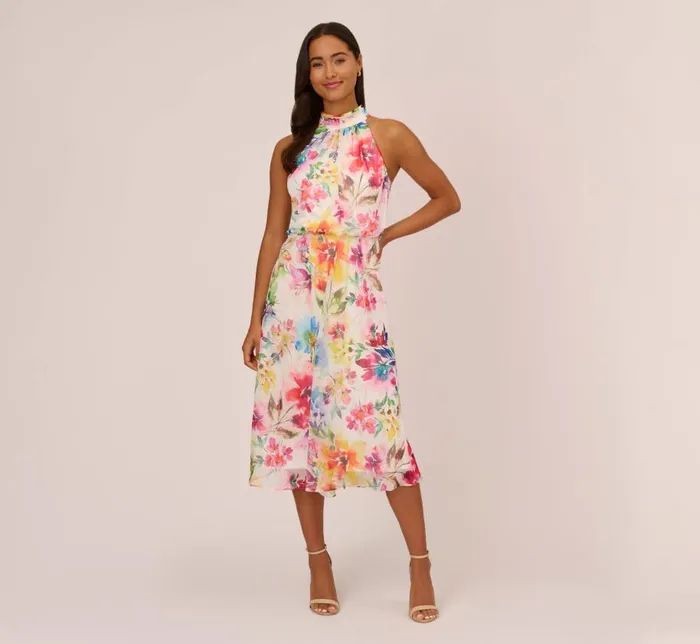 Midi Dresses Womens Adrianna Papell Multicolor Floral Chiffon Halter Dress In Ivory Multi Midi Dresses Womens Adrianna Papell Multicolor Floral Chiffon Halter Dress In Ivory Multi