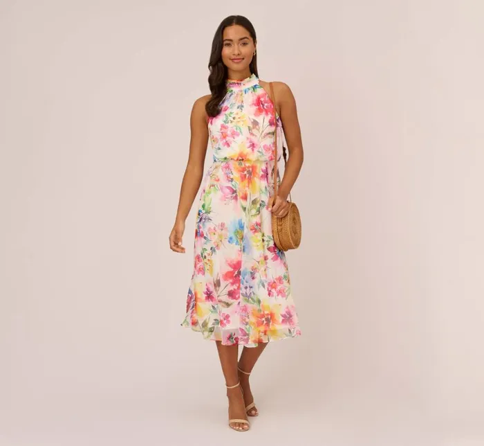 Midi Dresses Womens Adrianna Papell Multicolor Floral Chiffon Halter Dress In Ivory Multi