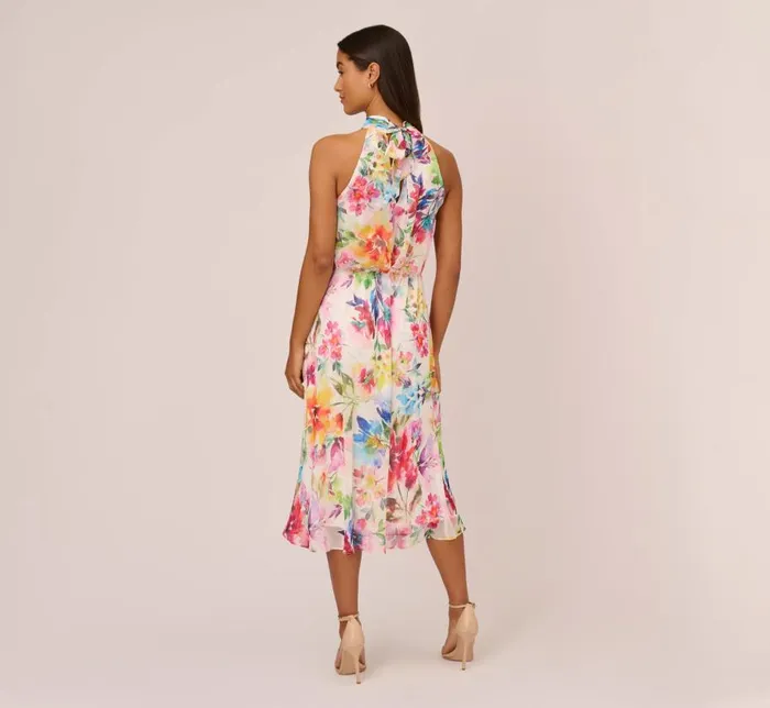 Midi Dresses Womens Adrianna Papell Multicolor Floral Chiffon Halter Dress In Ivory Multi