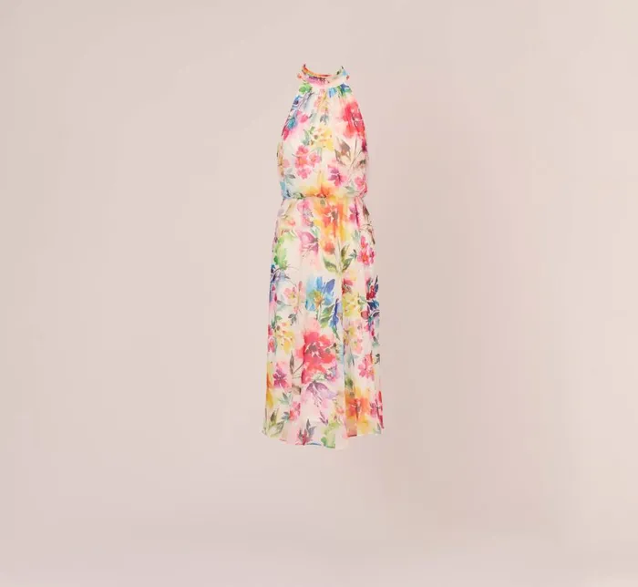 Midi Dresses Womens Adrianna Papell Multicolor Floral Chiffon Halter Dress In Ivory Multi