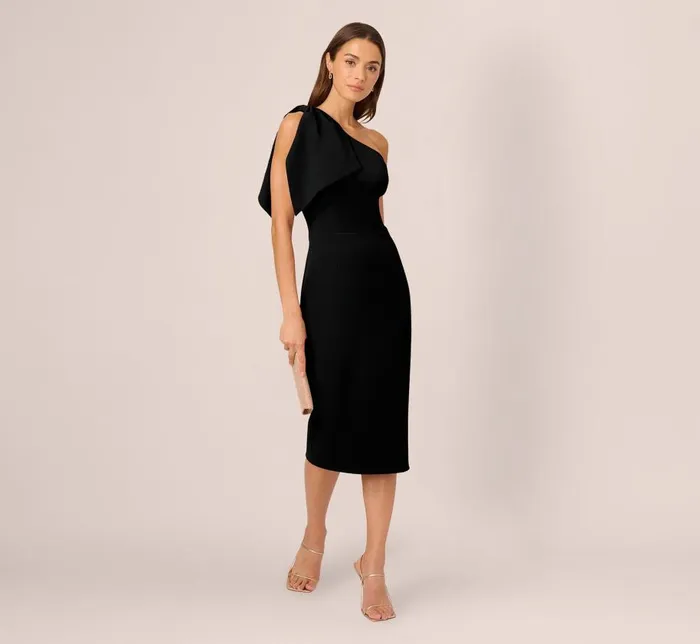 Midi Dresses Womens Adrianna Papell One Shoulder Midi Dress With Bow Accent In Black
