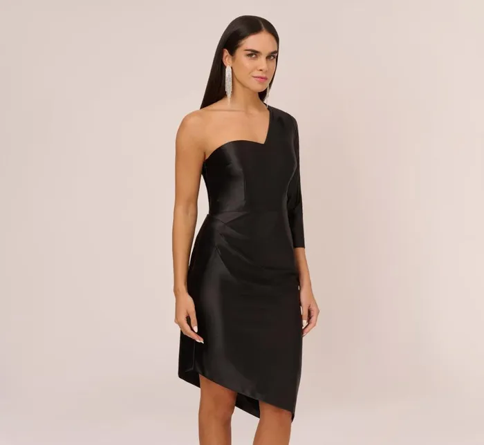 Midi Dresses Womens Adrianna Papell One Shoulder Satin Midi Dress With ThreeQuarter Sleeve In Black Midi Dresses Womens Adrianna Papell One Shoulder Satin Midi Dress With ThreeQuarter Sleeve In Black