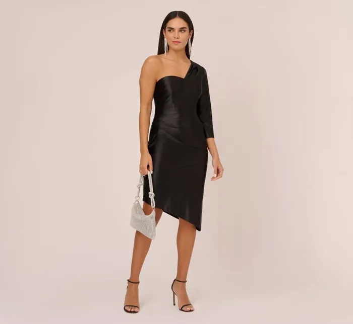 Midi Dresses Womens Adrianna Papell One Shoulder Satin Midi Dress With ThreeQuarter Sleeve In Black