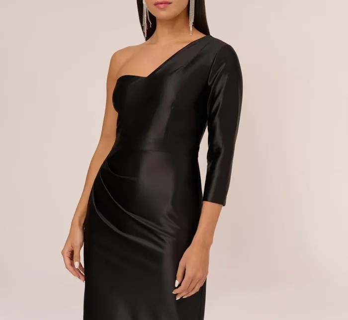 Midi Dresses Womens Adrianna Papell One Shoulder Satin Midi Dress With ThreeQuarter Sleeve In Black