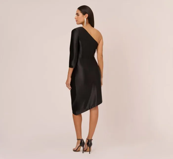 Midi Dresses Womens Adrianna Papell One Shoulder Satin Midi Dress With ThreeQuarter Sleeve In Black