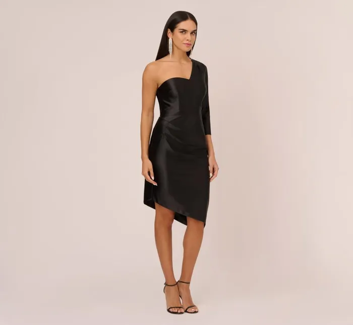 Midi Dresses Womens Adrianna Papell One Shoulder Satin Midi Dress With ThreeQuarter Sleeve In Black