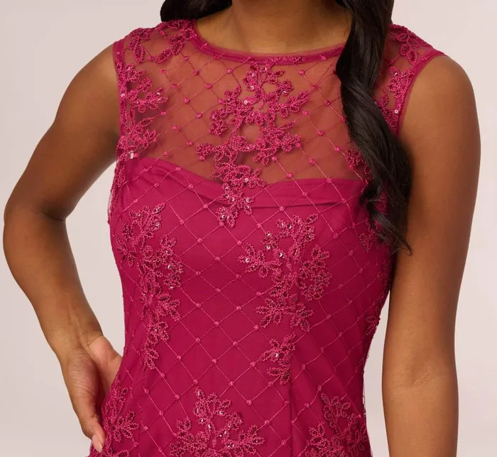 Midi Dresses Womens Adrianna Papell Sequin Embroidered Sheath Dress With Sheer Neckline In Dahlia Dusk