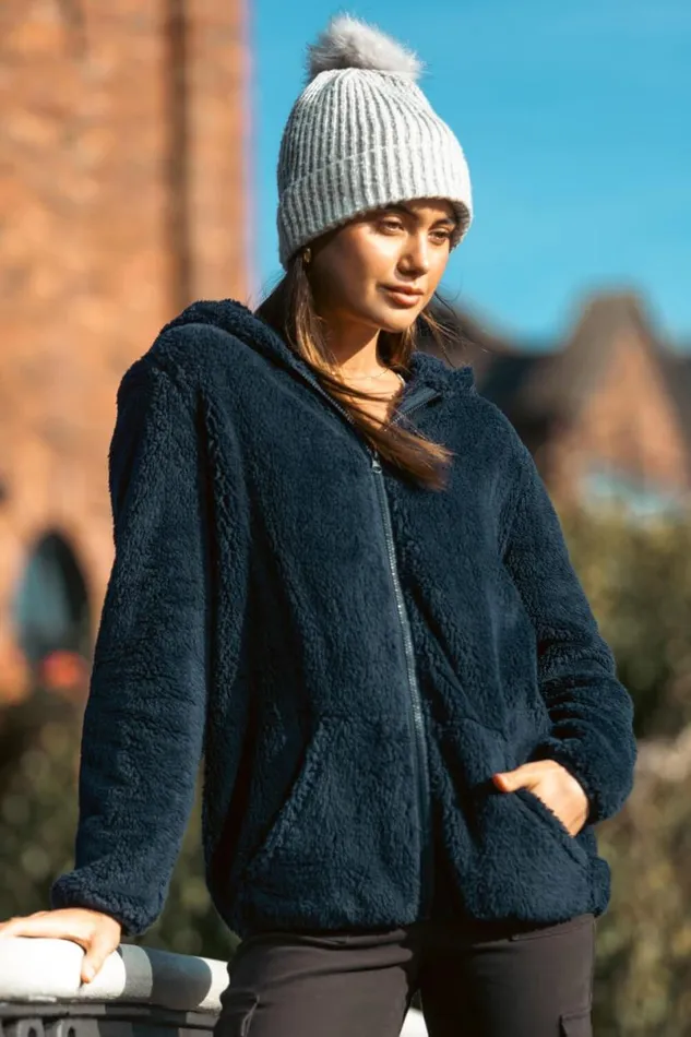 Midnight Blue Hooded Sherpa Fleece Jacket Women Roman Jackets
