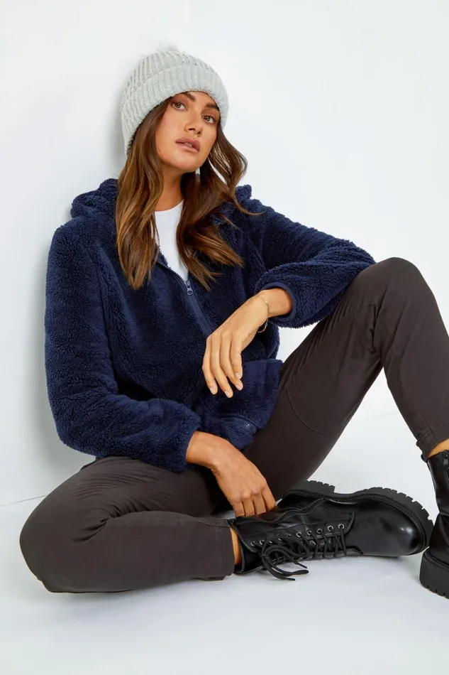 Midnight Blue Hooded Sherpa Fleece Jacket Women Roman Jackets
