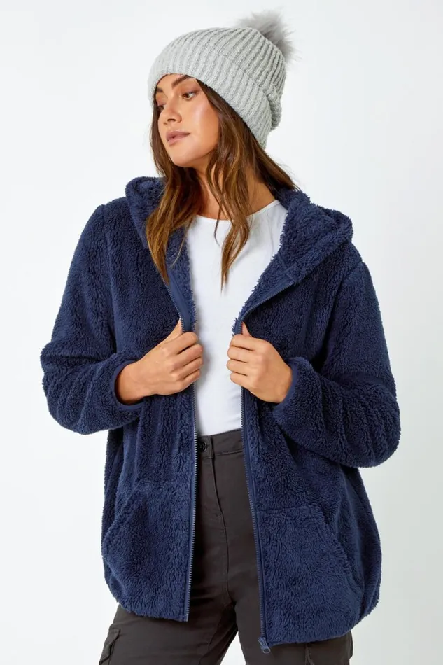 Midnight Blue Hooded Sherpa Fleece Jacket Women Roman Jackets
