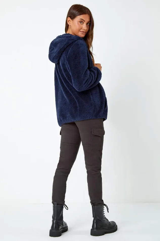 Midnight Blue Hooded Sherpa Fleece Jacket Women Roman Jackets
