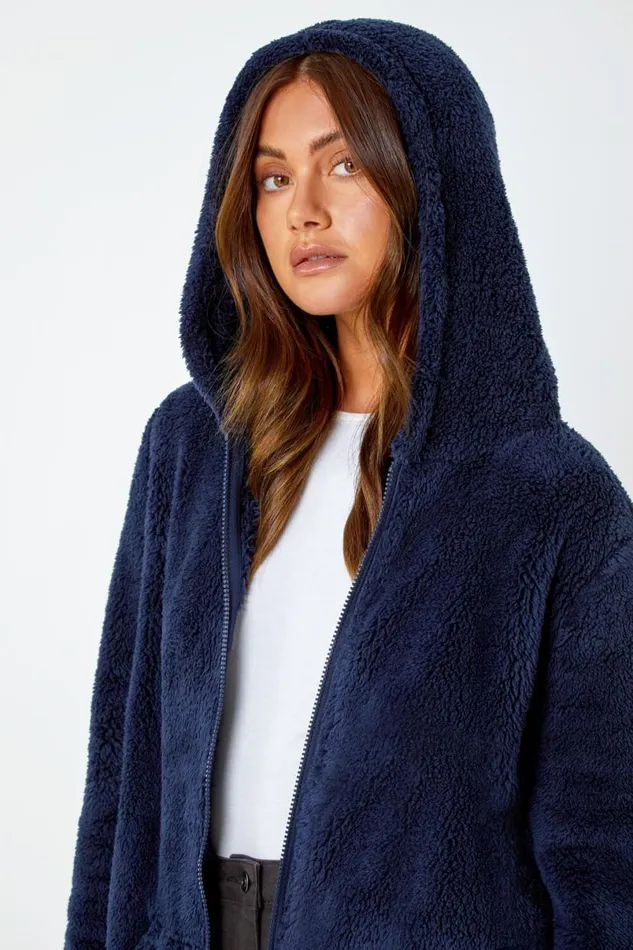 Midnight Blue Hooded Sherpa Fleece Jacket Women Roman Jackets