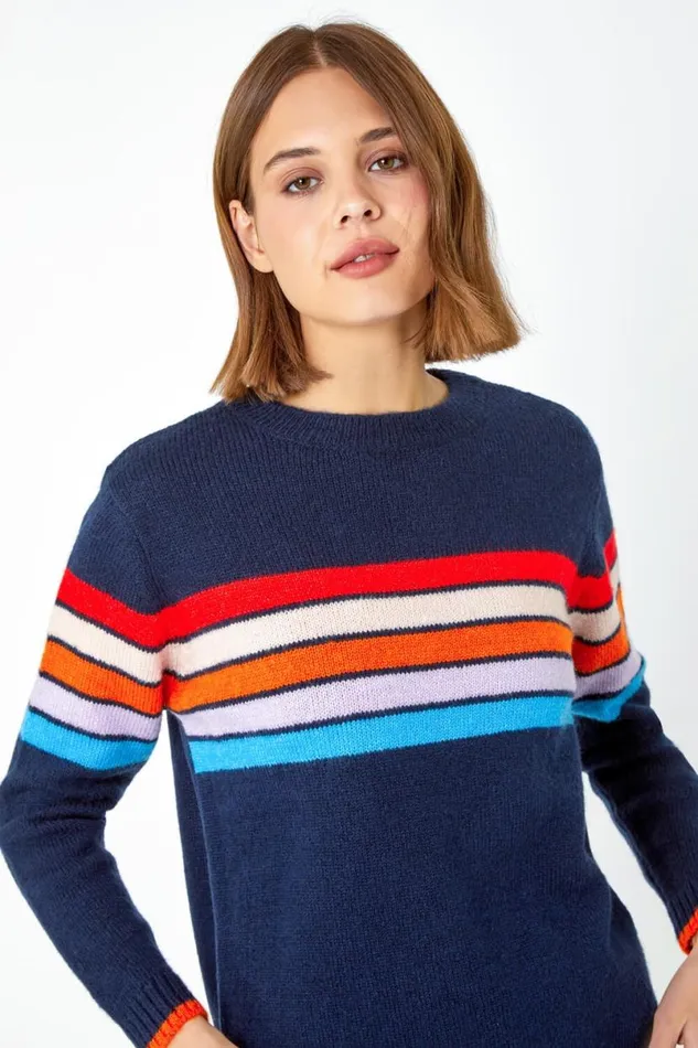 Midnight Blue Knitted Colourblock Stripe Jumper Women Roman Knitwear