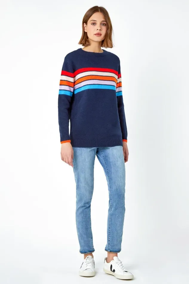 Midnight Blue Knitted Colourblock Stripe Jumper Women Roman Knitwear