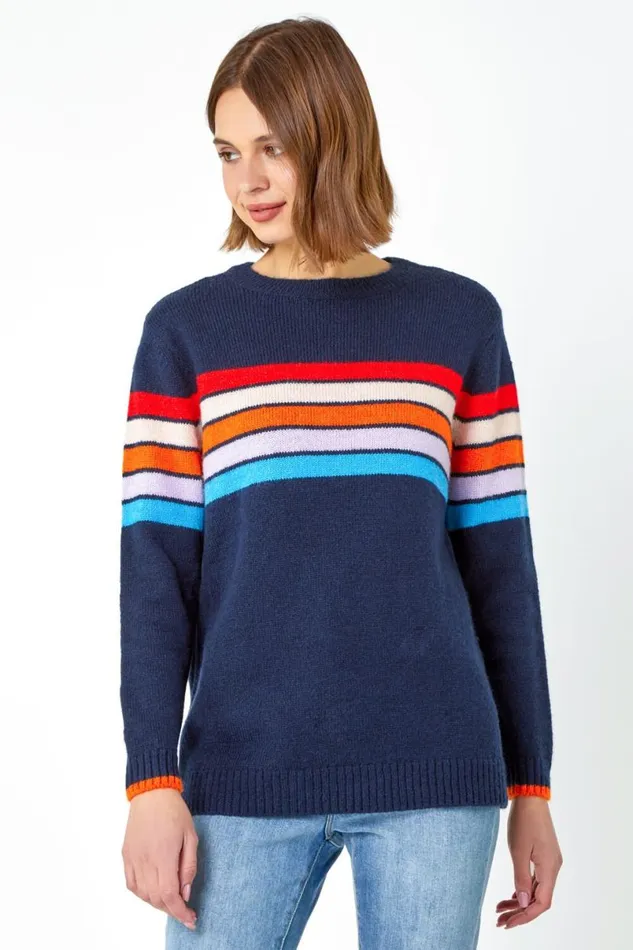 Midnight Blue Knitted Colourblock Stripe Jumper Women Roman Knitwear