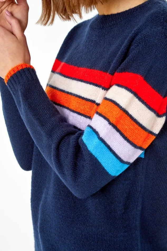 Midnight Blue Knitted Colourblock Stripe Jumper Women Roman Knitwear