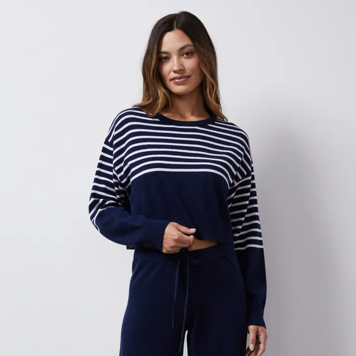 MONROW Long Sleeve Wool Cashmere Stripe Crew Neck Sweater 8211 Women