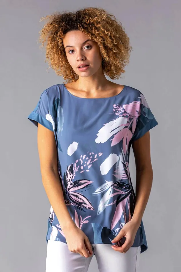 Multi Abstract Leaf Print Stretch TShirt Women Roman Tops