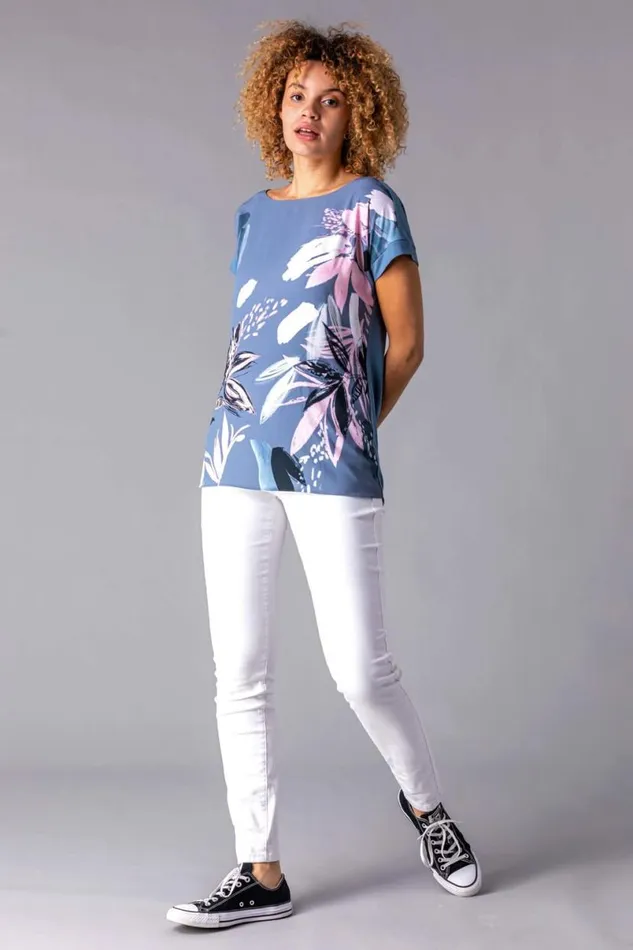 Multi Abstract Leaf Print Stretch TShirt Women Roman Tops