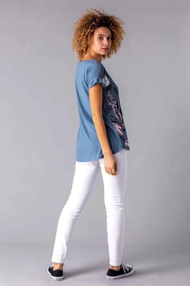 Multi Abstract Leaf Print Stretch TShirt Women Roman Tops