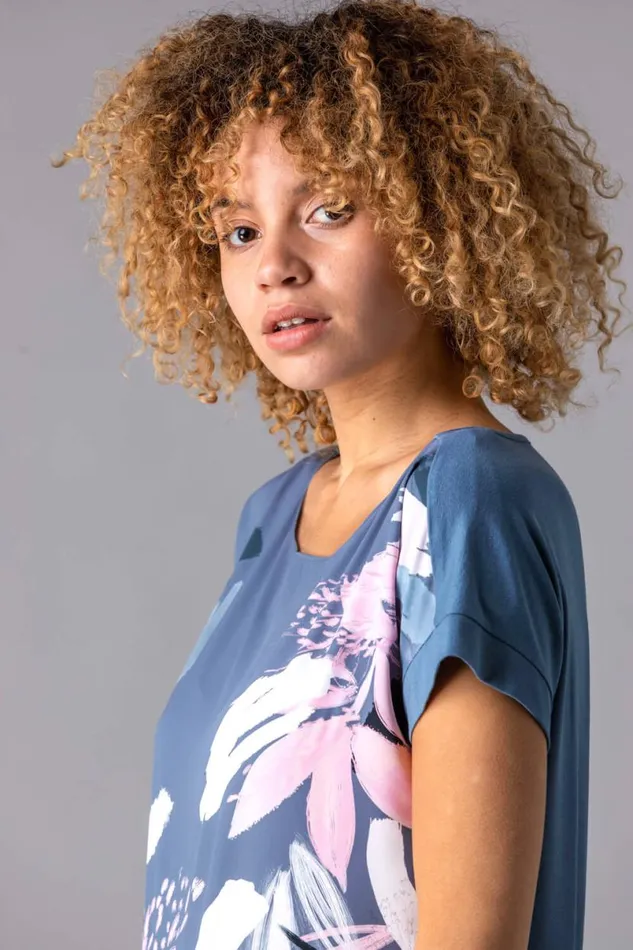 Multi Abstract Leaf Print Stretch TShirt Women Roman Tops