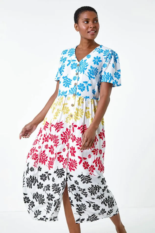 Multi Colourblock Floral Button Tiered Dress Women Roman Dresses