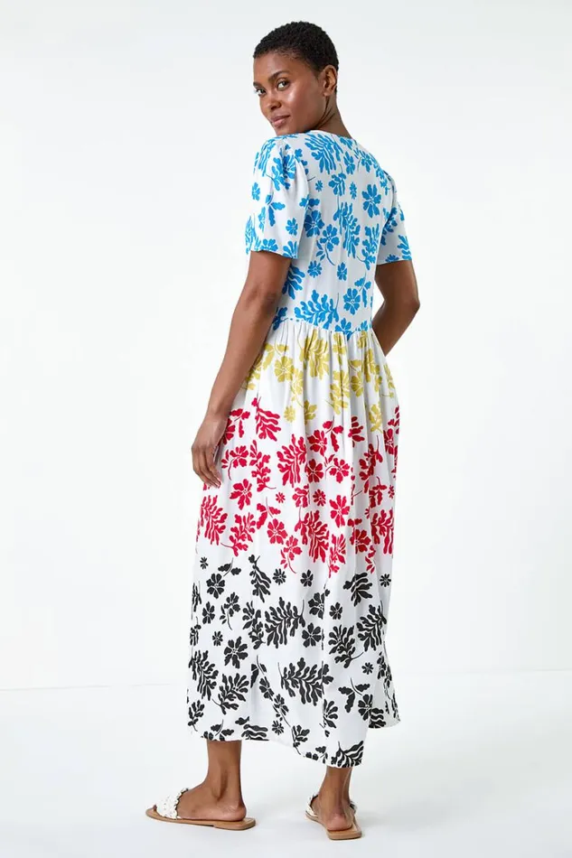 Multi Colourblock Floral Button Tiered Dress Women Roman Dresses