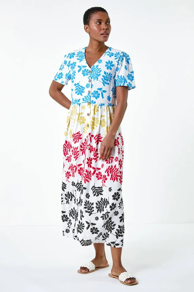 Multi Colourblock Floral Button Tiered Dress Women Roman Dresses