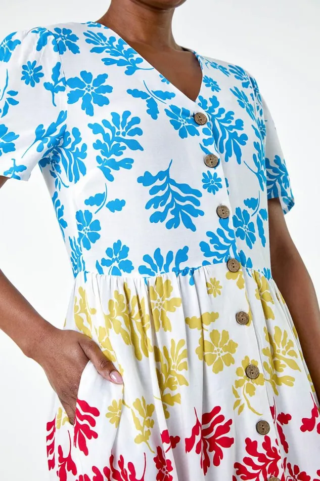 Multi Colourblock Floral Button Tiered Dress Women Roman Dresses