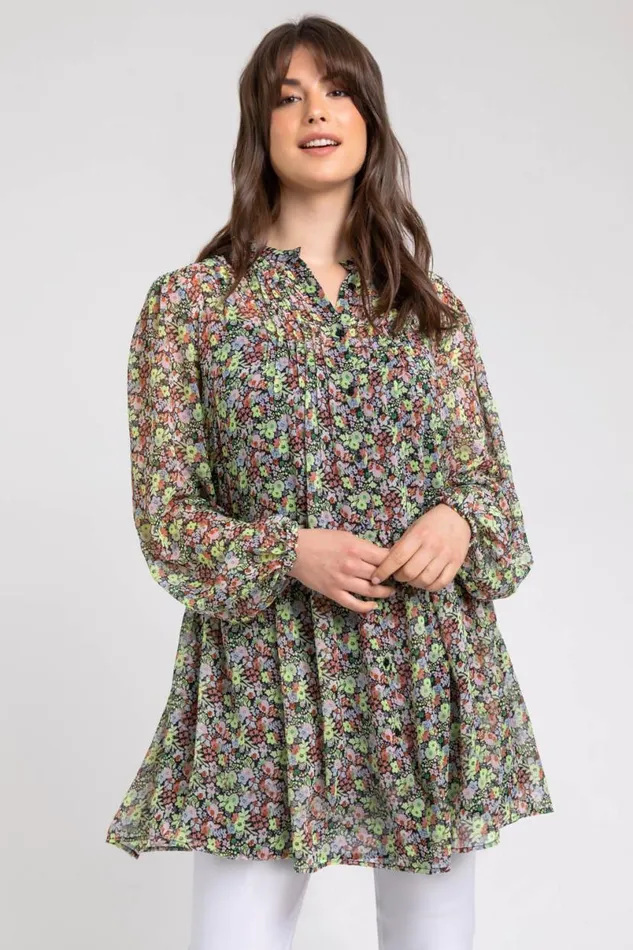 Multi Curve Floral Button Through Blouse Women Roman Tops