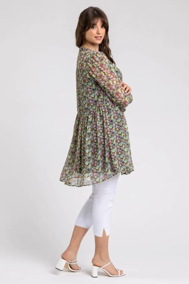Multi Curve Floral Button Through Blouse Women Roman Tops