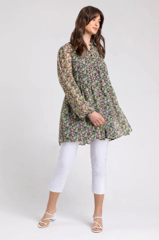 Multi Curve Floral Button Through Blouse Women Roman Tops