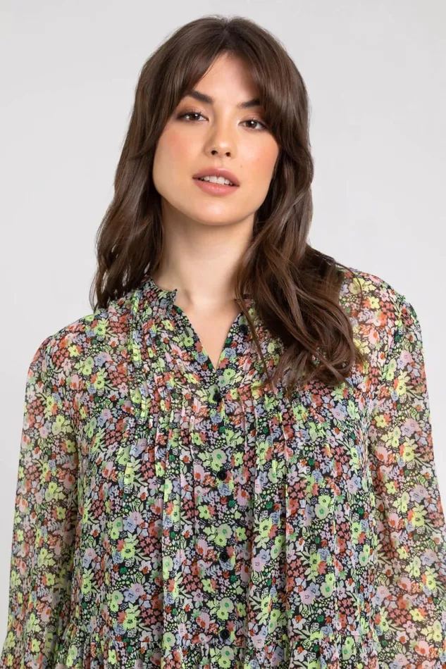 Multi Curve Floral Button Through Blouse Women Roman Tops