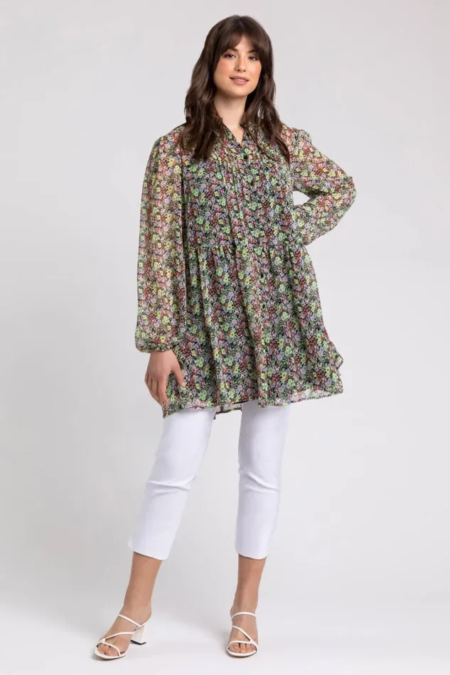 Multi Curve Floral Button Through Blouse Women Roman Tops