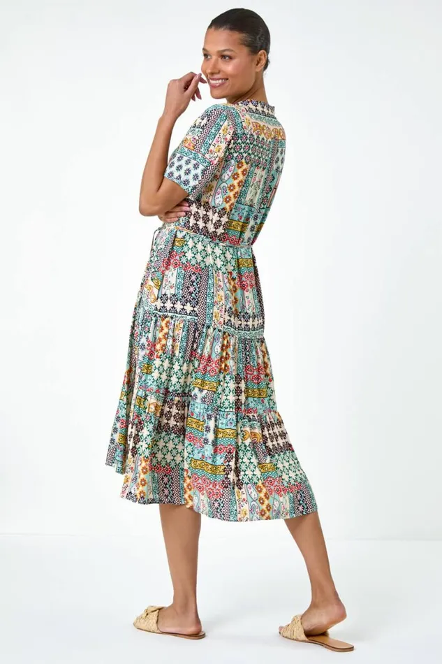 Multi Patchwork Print Pocket Tiered Shirt Dress Women Roman Dresses