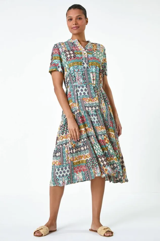 Multi Patchwork Print Pocket Tiered Shirt Dress Women Roman Dresses