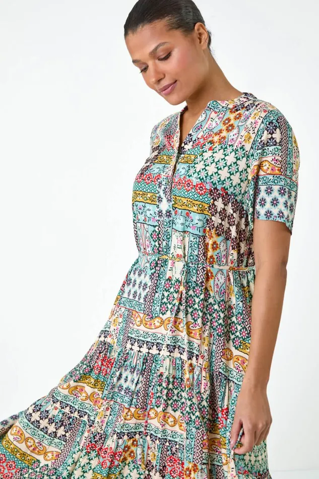 Multi Patchwork Print Pocket Tiered Shirt Dress Women Roman Dresses
