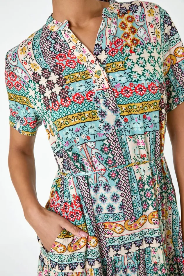 Multi Patchwork Print Pocket Tiered Shirt Dress Women Roman Dresses