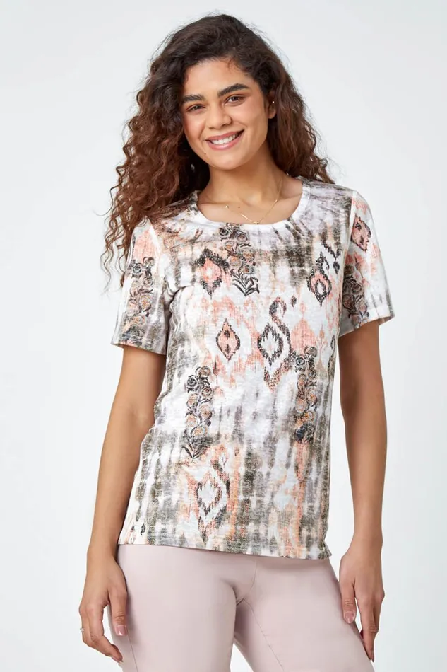 Natural Burnout Aztec Print Diamante Top Women Roman Tops