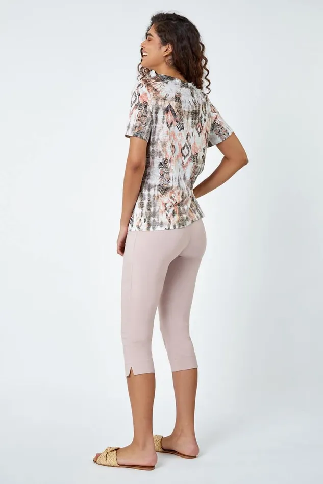 Natural Burnout Aztec Print Diamante Top Women Roman Tops