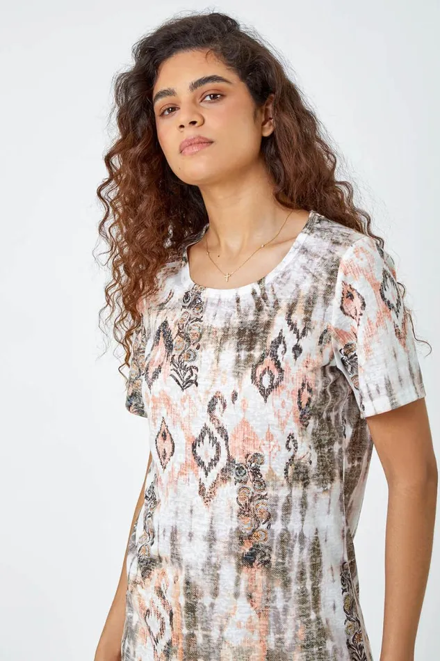 Natural Burnout Aztec Print Diamante Top Women Roman Tops