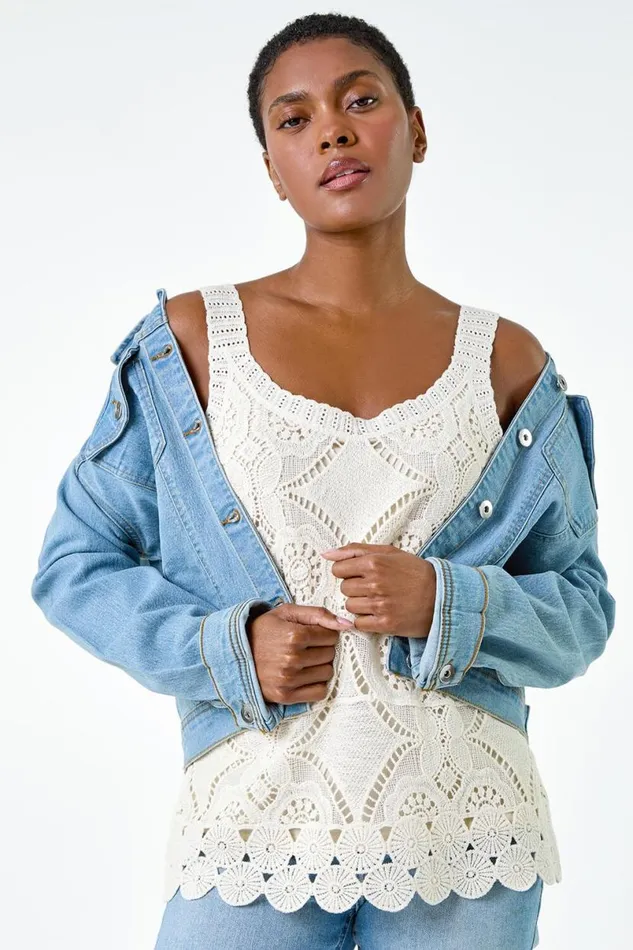Natural Cotton Crochet Knit Vest Top Women Roman Tops